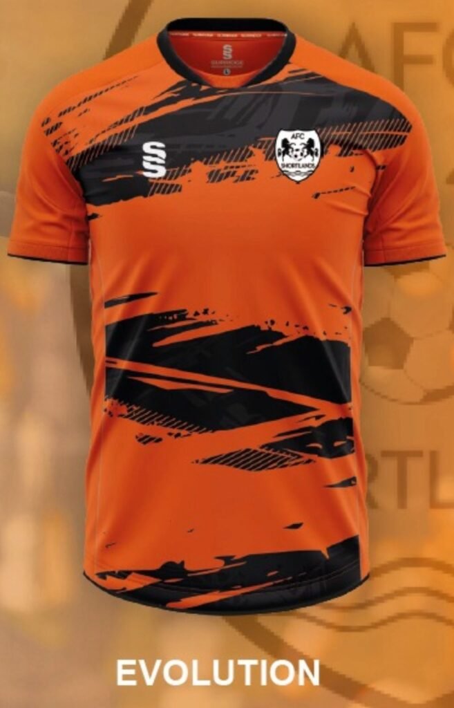 An orange football shirt, with black tiger stripes and collar.